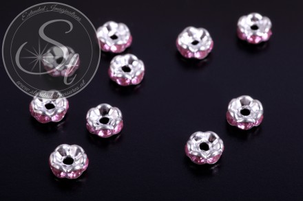 10 Stk. silberfarbene Spacer Perlen mit rosa Strasssteinen 6mm-31