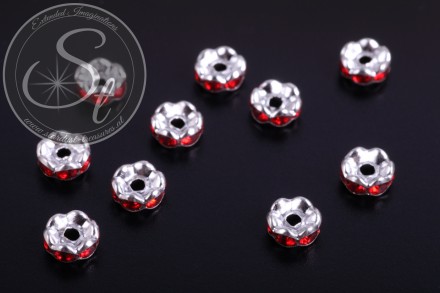 10 Stk. silberfarbene Spacer Perlen mit roten Strasssteinen 6mm-31