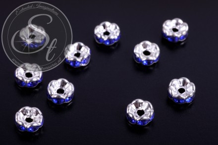 10 Stk. silberfarbene Spacer Perlen mit dunkelblauen Strasssteinen 6mm-31