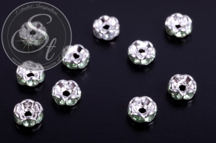 10 Stk. silberfarbene Spacer Perlen mit hellgrünen Strasssteinen 6mm-31