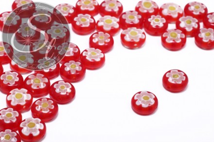 5 Stk. rote flach-runde Millefiori Glas Perlen ~10mm-31