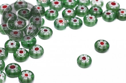5 Stk. grüne flach-runde Millefiori Glas Perlen ~10mm-31